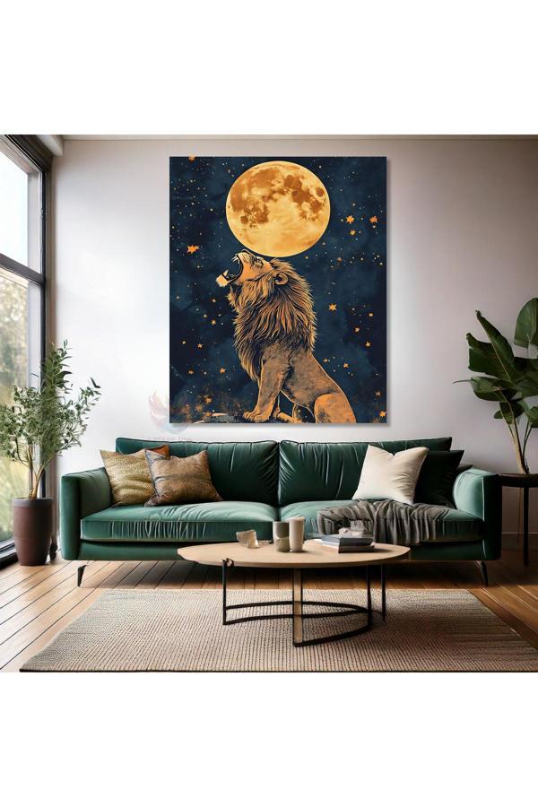 Kükreyen Aslan Tablosu Kanvas Tablo Ay ve Aslan Duvar Tablosu - Image 1