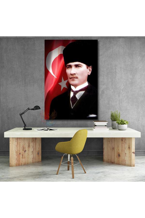 Atatürk ve Bayrak Kanvas Tablo Dikey Duvar Tablosu Ofis Ev Dekoru Atatürk Portresi - Image 1