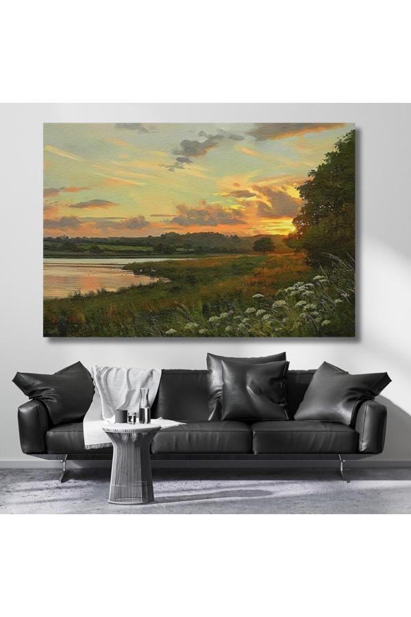 Yağlı Boya Görünümlü Güneşin Batışı Kanvas Tablo Manzara Tablosu Salon Tablosu - Image 1