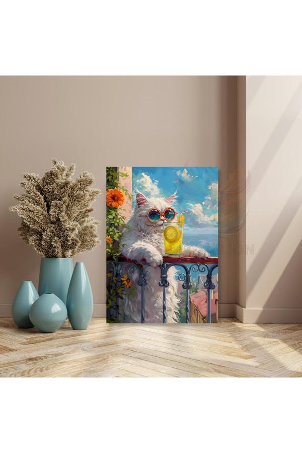 Kanvas Tablo Limonata İçen Kedi Görseli Dijital Baskı Tablo Yeni Ev Hediyesi - Image 1