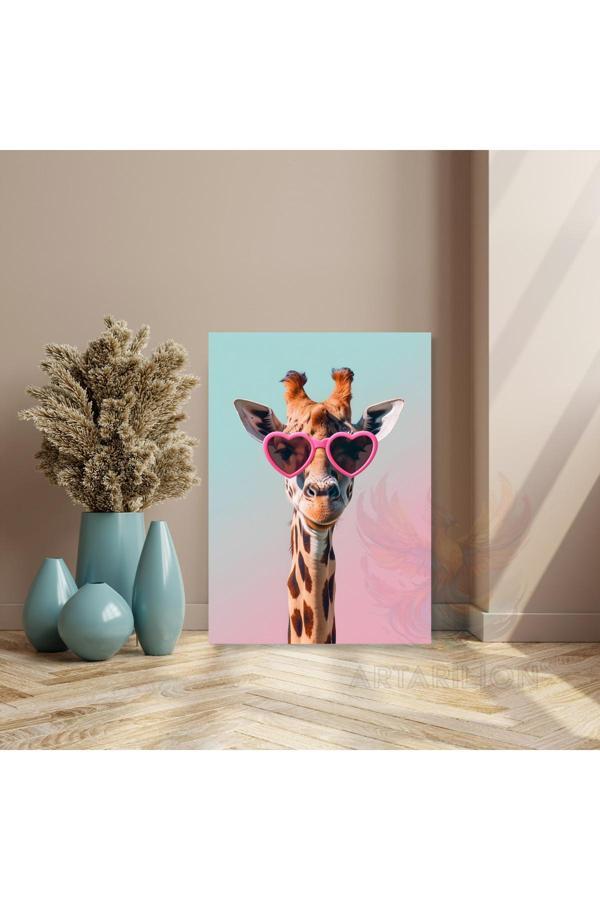 Kalpli Gözlüklü Zürafa Kanvas Tablo Salon Dekoru Yeni Ev Hediyesi - Image 1