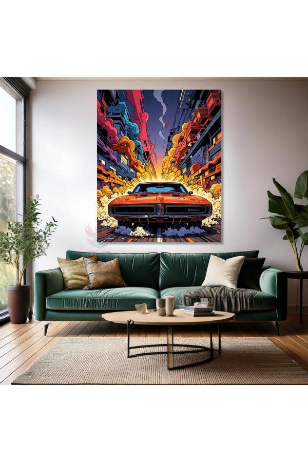 Renkli Çizim Klasik Spor Araba Görseli Kanvas Tablo Genç Odası Tablosu - Image 1