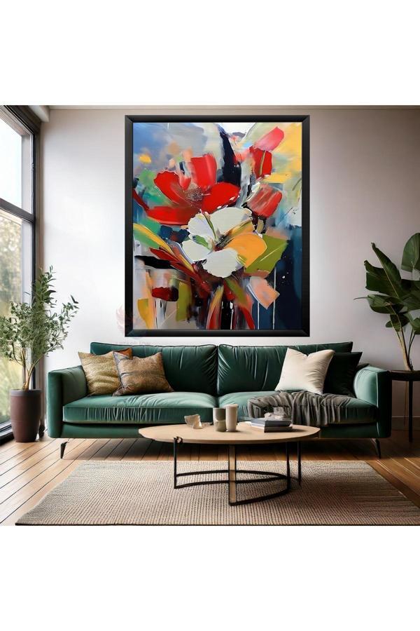 Ahşap Çerçeveli MDF Duvar Tablosu Soyut Çiçekler Yağlı Boya Görünümlü Dijital Baskı Salon Tablosu - Image 1