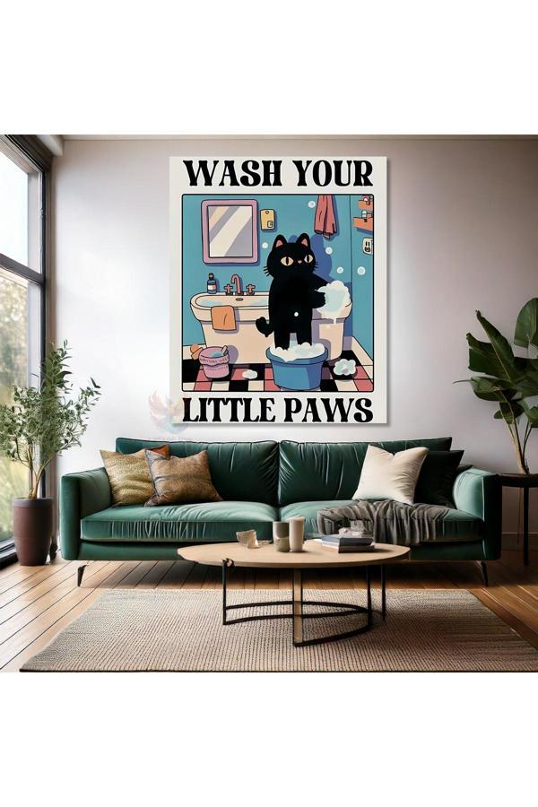 Elini Yıkayan Sevimli Kedi Kanvas Tablo Duvar Sanatı Kedi Tablosu - Image 1