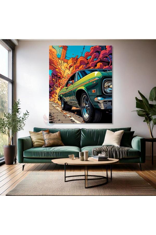 Yeşil Araba Renkli Dumanlar Kanvas Tablo Modern Genç Odası Tablosu - Image 1