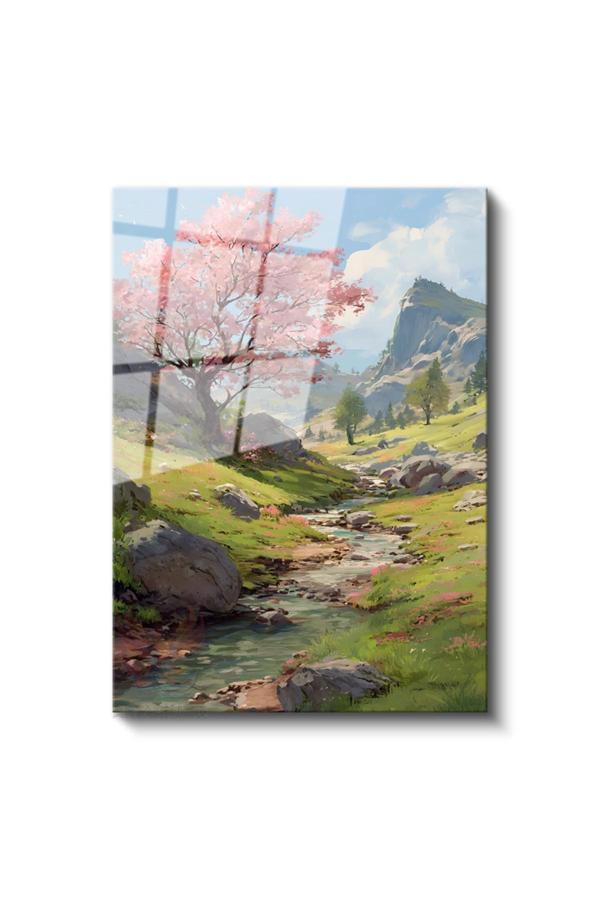 Cam Dikey Duvar Tablosu Cam Akarsu Dağ Ev Ofis Salon Modern Duvar Tablosu - Image 1