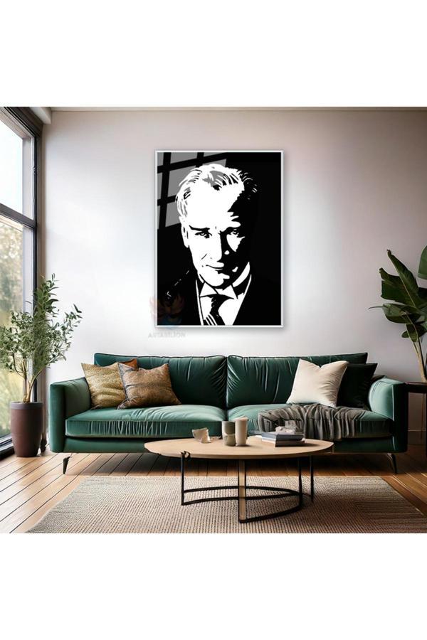 Siyah Beyaz Atatürk Çizimi Metal Çerçeveli Cam Tablo Modeli Dikey Duvar Tablosu Ofis Okul Ev Tablosu - Image 1