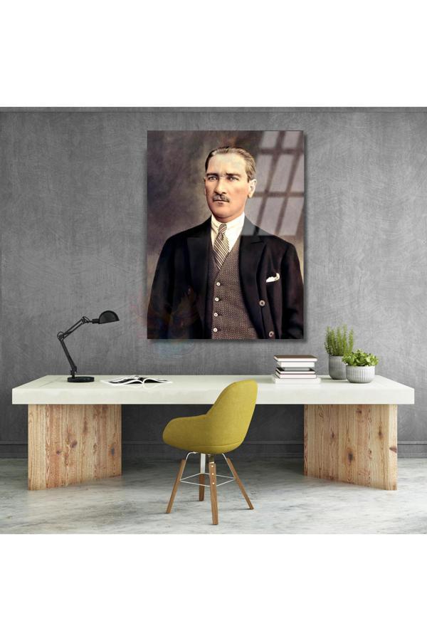 Renklendirilmiş Atatürk Cam Tablo Modeli Dikey Duvar Tablosu Ofis Ev Dekoru - Image 1
