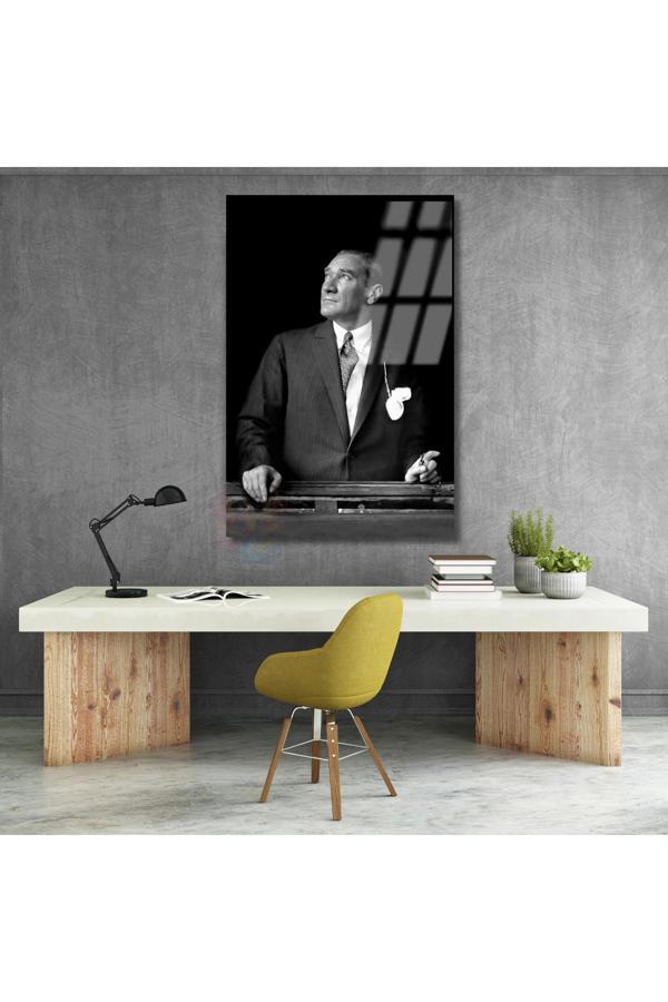 Siyah Beyaz Mustafa Kemal Atatürk Tablo Atatürk Cam Tablo Dikey Tablo Salon Ofis Tablosu - Image 1