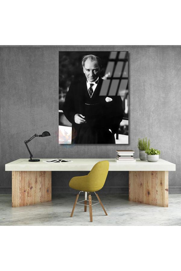 Siyah Beyaz Atatürk Portresi Cam Tablo Mustafa Kemal Atatürk Tablo Modeli Ev Ofis Dekoru - Image 1