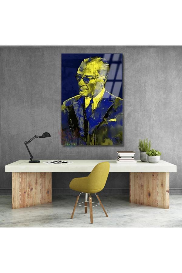 Atatürk Tablosu Lacivert ve Sarı Rekli Cam Atatürk Tablo Modeli Ev Ofis Tablosu - Image 1