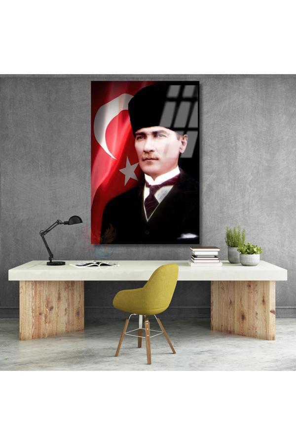 Atatürk ve Bayrak Cam Tablo Dikey Duvar Tablosu Ofis Ev Dekoru Atatürk Portresi - Image 1