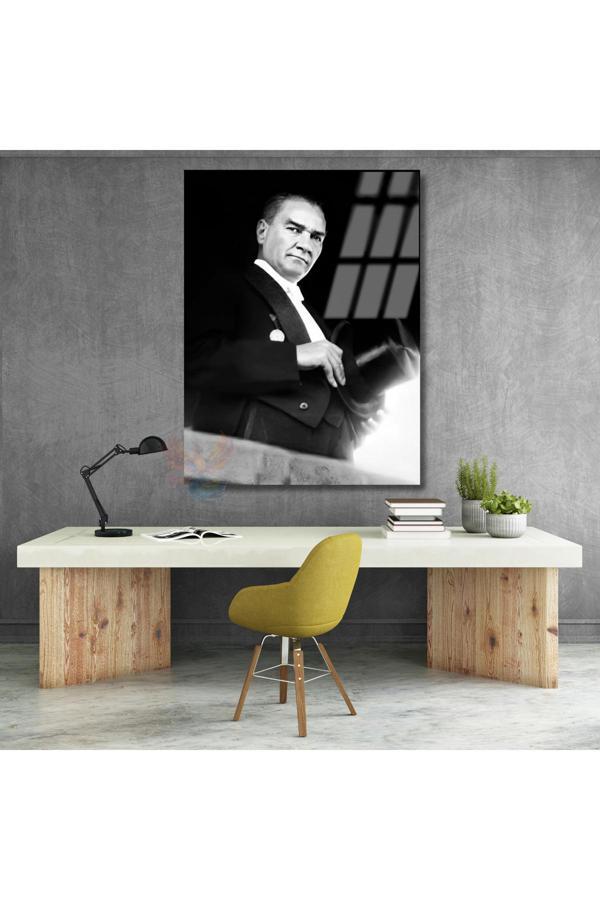 Atatürk Portresi Cam Tablo Şapka Tutan Atatürk Tablosu Ev Ofis DekoruDuvar Tablosu - Image 1