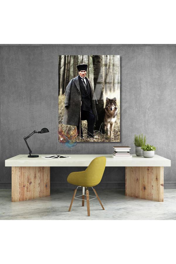 Atatürk ve Kurt Görseli Cam Tablo Dikey Duvar Tablosu Ev Ofis Tablosu - Image 1