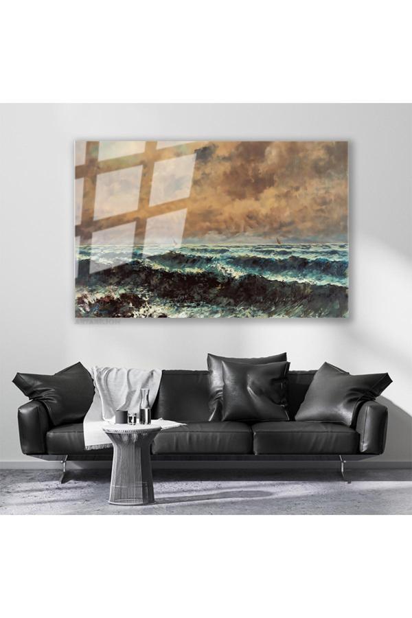 Cam Yatay Duvar Tablosu Cam Dalgali Deniz Manzarasi2 Ev Ofis Salon Modern Duvar Tablosu - Image 1
