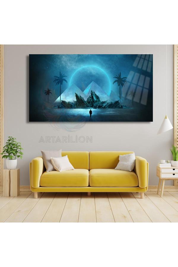 Kırılmaz Cam Tablo Dijital Baskı Ay Işığı ve Piramit Manzara Soyut Tablo - Image 1