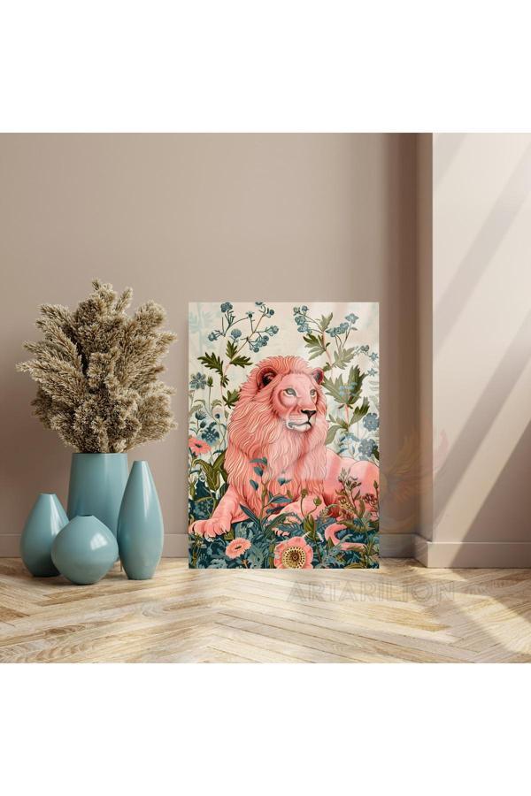Kırılmaz Cam Tablo Çiçeklerin İçindeki Aslan Dijital Baskı Salon Tablosu - Image 1