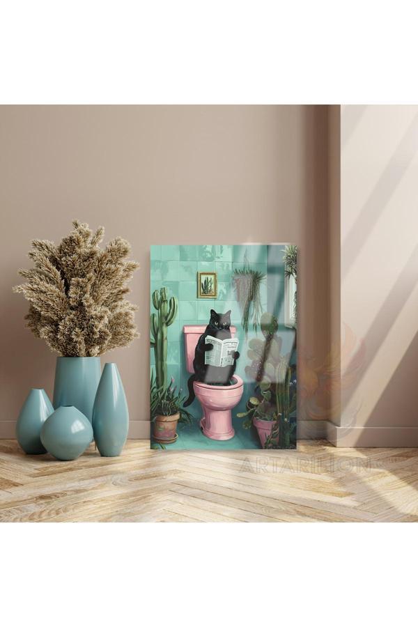 Kırılmaz Cam Tablo Gazete Okuyan Siyah Kedi Kırılmaz Cam Tablo Yeni Ev Hediyesi - Image 1