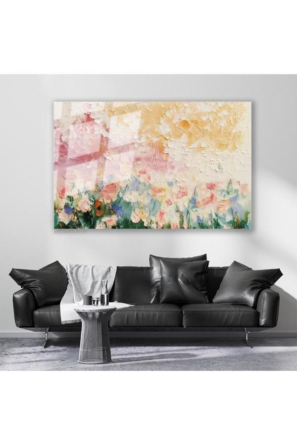 Cam Yatay Duvar Tablosu Cam Firca Darbeleri Cicekler4 Ev Ofis Salon Modern Duvar Tablosu - Image 1