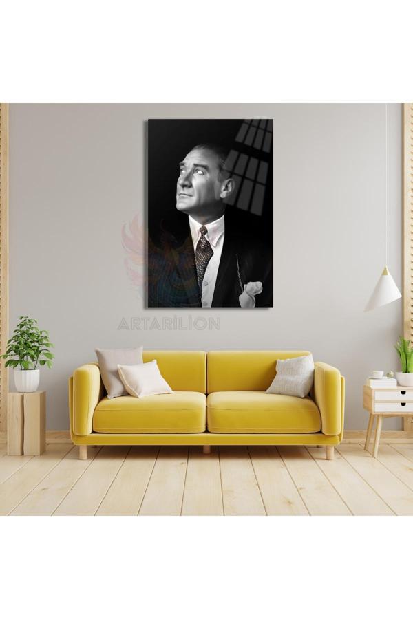 Atatürk Siyah Beyaz Portre Kırılmaz Cam Tablo HD Baskı Dijital Tablo - Image 1