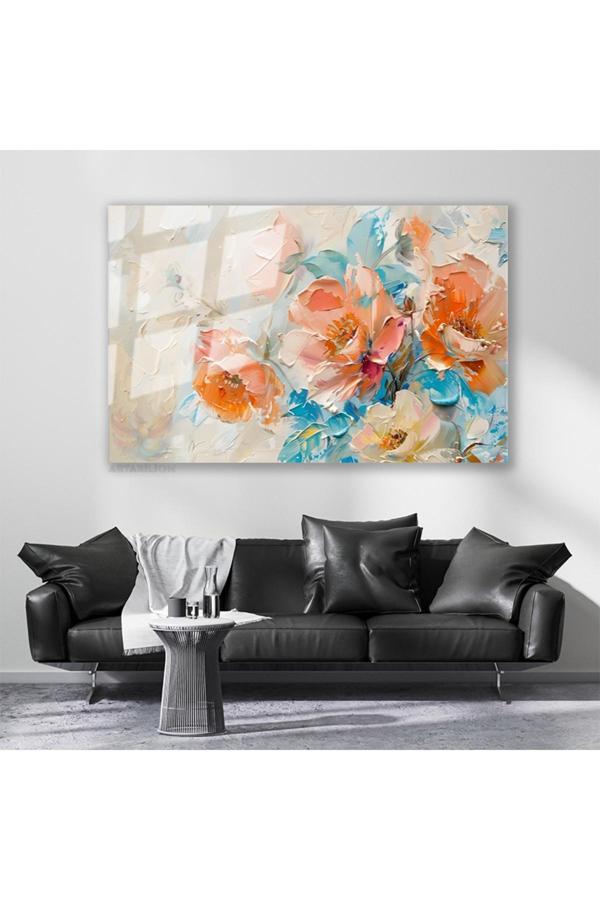 Cam Yatay Duvar Tablosu Cam Firca Darbeleri Cicekler Ev Ofis Salon Modern Duvar Tablosu - Image 1