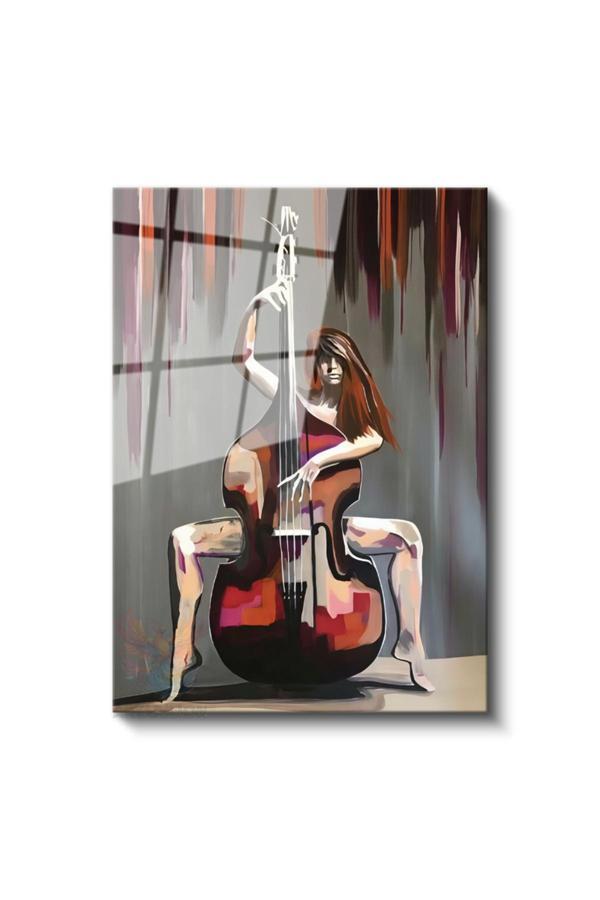 Cam Dikey Duvar Tablosu Cam Cello Çalan Kadın Ev Ofis Salon Modern Duvar Tablosu - Image 1
