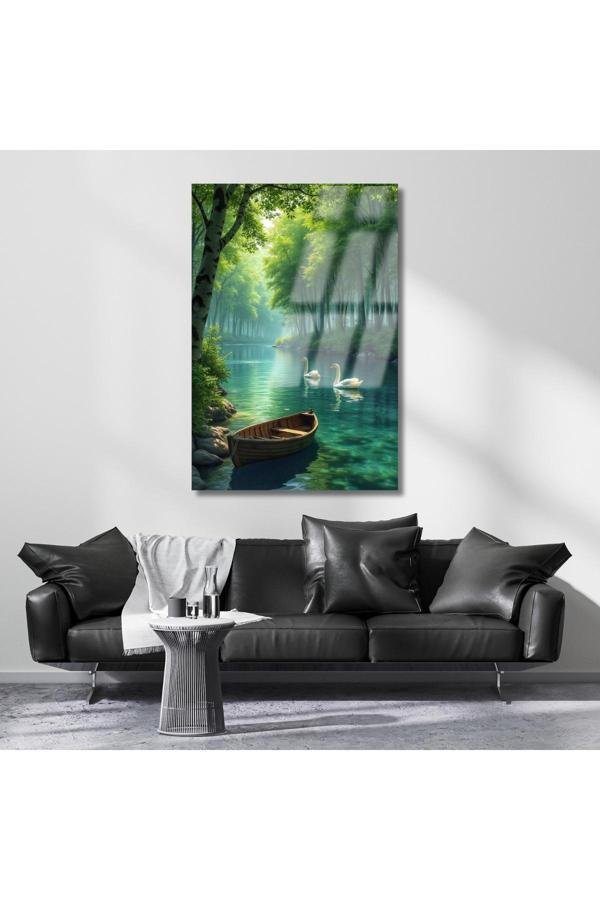 Nehirdeki Kuğular Kırılmaz Cam Tablo Manzara Tablosu Yeni Ev Hediyesi Ev Dekoru - Image 1
