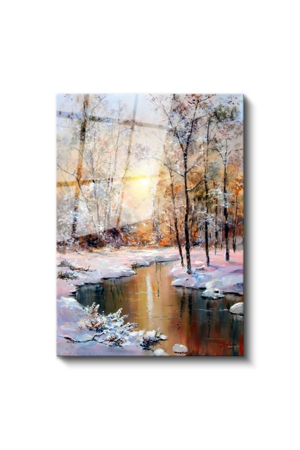 Cam Dikey Duvar Tablosu Cam Göl ve Kar Ev Ofis Salon Modern Duvar Tablosu - Image 1