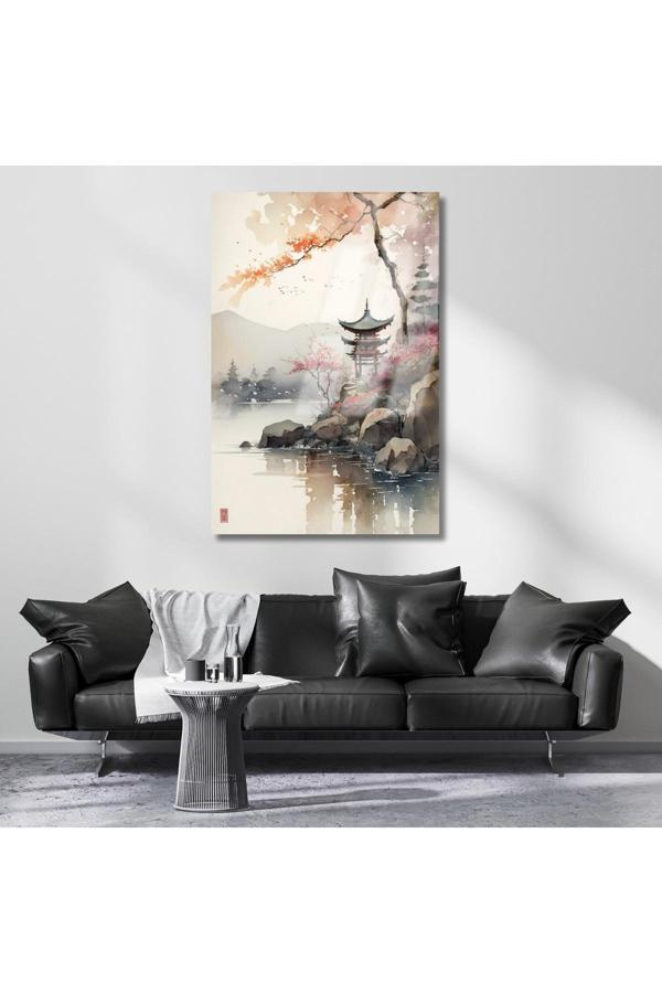 Sulu Boya Görünümlü Japon Tapınağı Kırılmaz Cam Tablo Modeli Modern Şık Ev Dekoru Tablo - Image 1