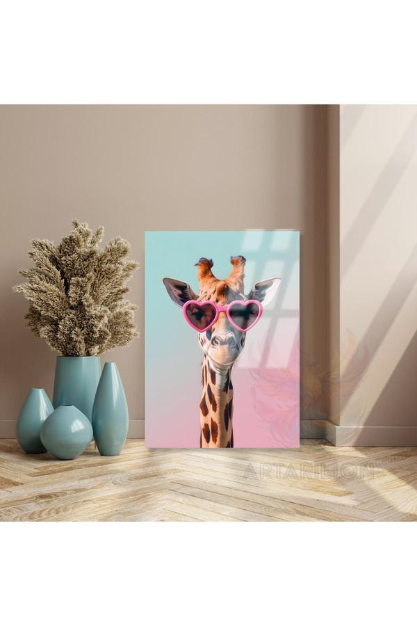 Kalpli Gözlüklü Zürafa Kırılmaz Cam Tablo Salon Dekoru Yeni Ev Hediyesi - Image 1