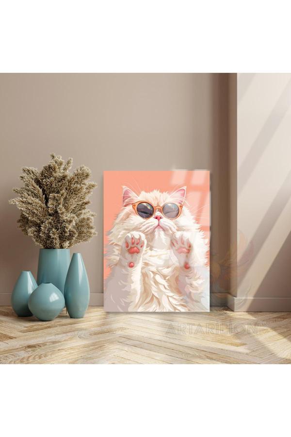 Kırılmaz Cam Tablo Güneş Gözlüklü Beyaz Kedi Kırılmaz Cam Tablo Yeni Ev Hediyesi - Image 1