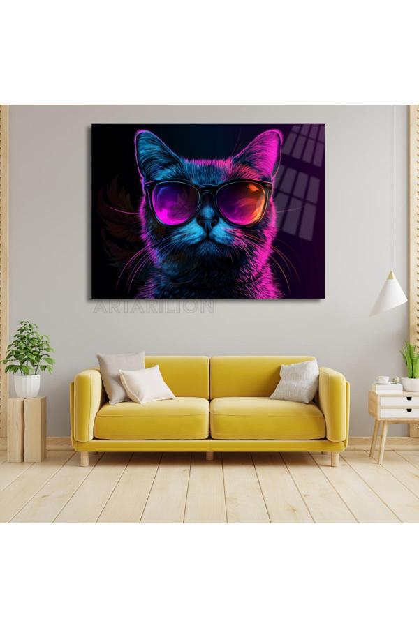 Gözlüklü Tarz Kedi Görseli Kırılmaz Cam Tablo Dijital Baskı Tablo Kedi Tablosu - Image 1