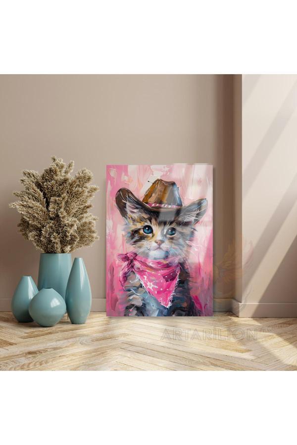 Kovboy Şapkalı Kedi Kırılmaz Cam Tablo HD Dijital Baskı Kırılmaz Cam Kedi Tablosu Salon Tablosu - Image 1
