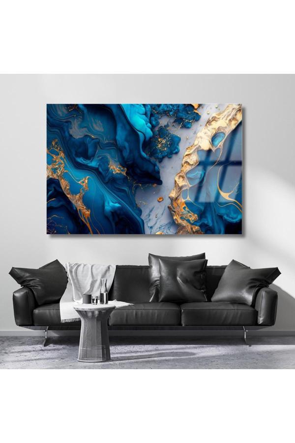 Mavi Gold Desenli Soyut Kırılmaz Cam Tablo Yeni Ev Hediyesi Salon Dekorasyon - Image 1