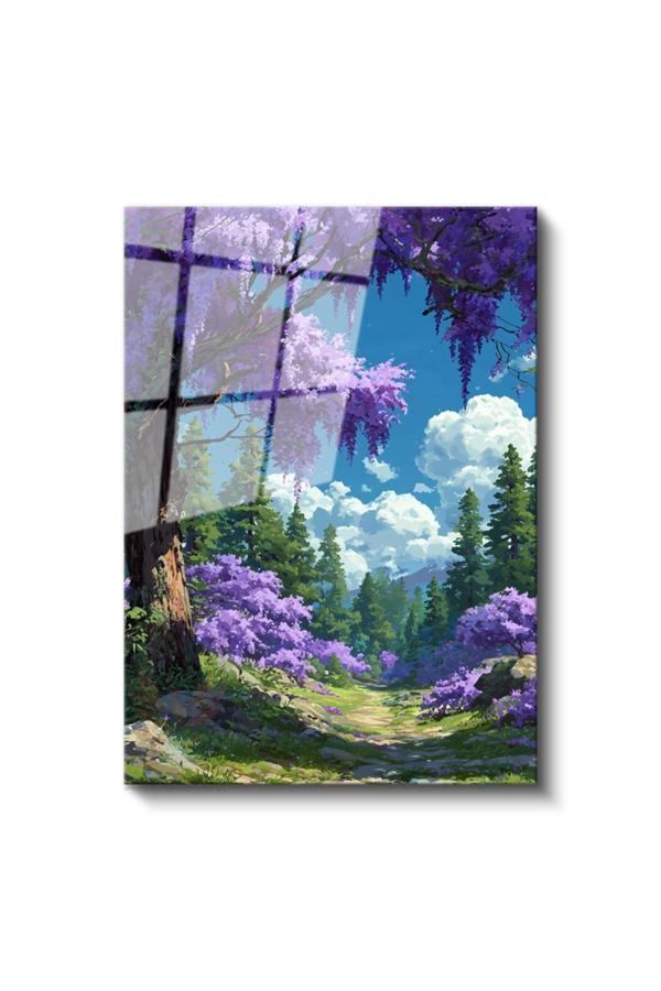 Cam Dikey Duvar Tablosu Cam Mor Ağaç Manzara Ev Ofis Salon Modern Duvar Tablosu - Image 1