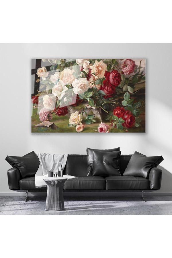 Cam Yatay Duvar Tablosu Cam Kirmizi Beyaz Guller Ev Ofis Salon Modern Duvar Tablosu - Image 1
