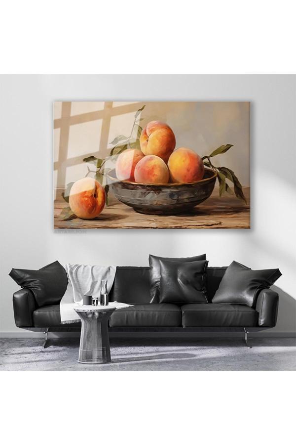 Cam Yatay Duvar Tablosu Cam Naturmort Seftaliler Ev Ofis Salon Modern Duvar Tablosu - Image 1