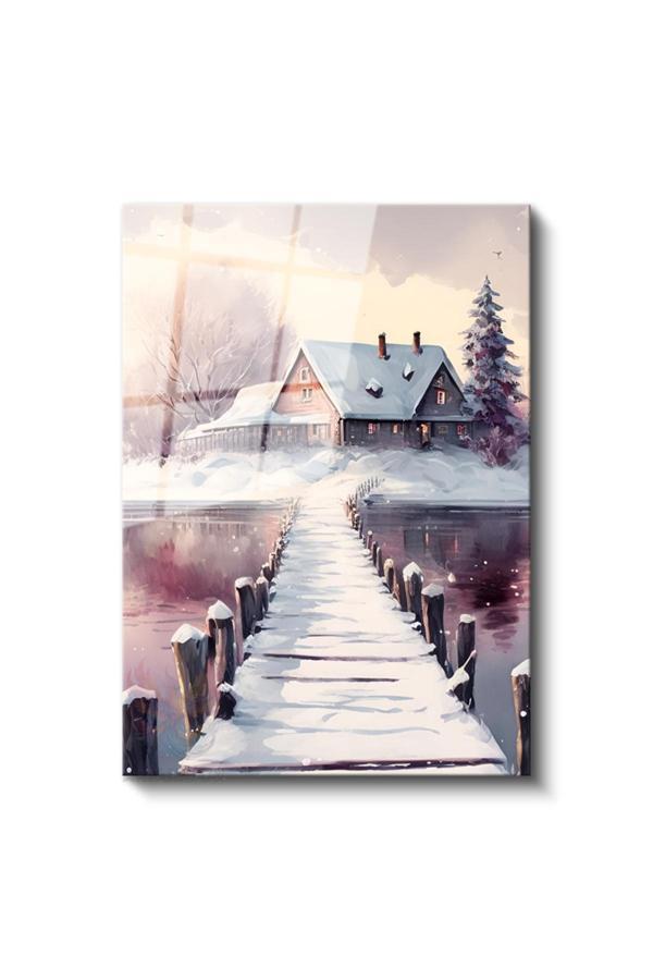 Cam Dikey Duvar Tablosu Cam Kar ve Göl Manzarası Ev Ofis Salon Modern Duvar Tablosu - Image 1