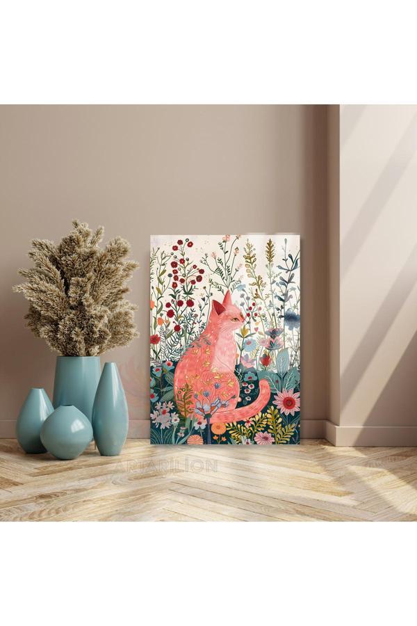 Kırılmaz Cam Tablo Çiçeklerin İçindeki Pembe Kedi Dijital Baskı Salon Tablosu - Image 1