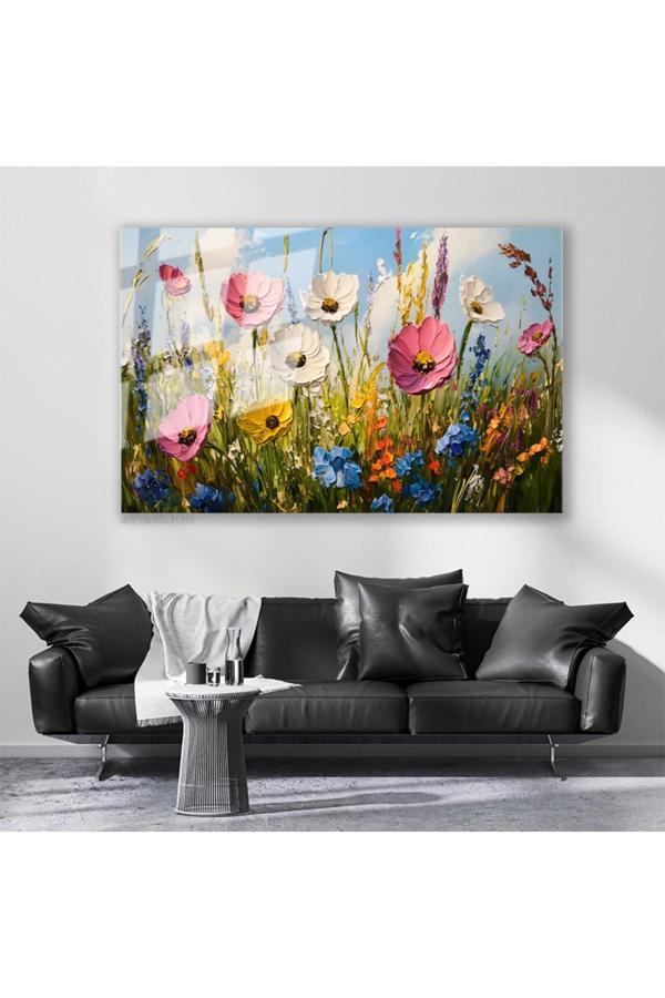 Cam Yatay Duvar Tablosu Cam Firca Darbeleri Cicekler2 Ev Ofis Salon Modern Duvar Tablosu - Image 1