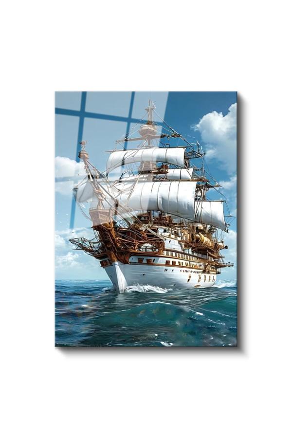 Cam Dikey Duvar Tablosu Cam Beyaz Yelkenli Gemi Ev Ofis Salon Modern Duvar Tablosu - Image 1