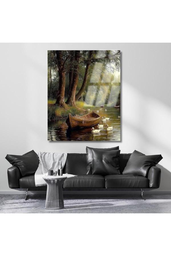 Göldeki Kayık ve Ördekler Manzara Kırılmaz Cam Tablo Ev Dekoru Salon Tablosu - Image 1