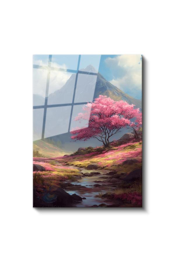 Cam Dikey Duvar Tablosu Cam Pembe Ağaç Dağ Ev Ofis Salon Modern Duvar Tablosu - Image 1