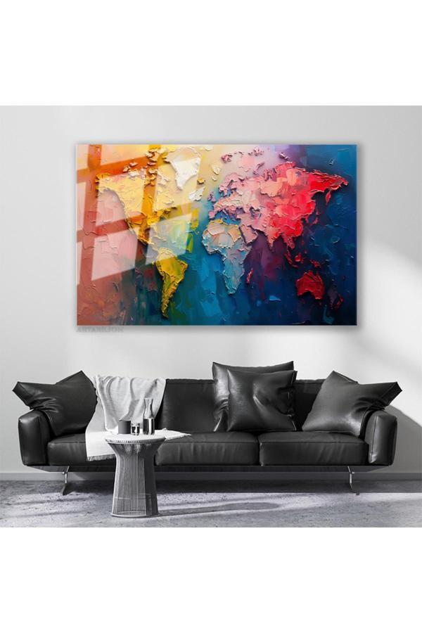 Cam Yatay Duvar Tablosu Cam Renkli Dunya Haritasi Ev Ofis Salon Modern Duvar Tablosu - Image 1