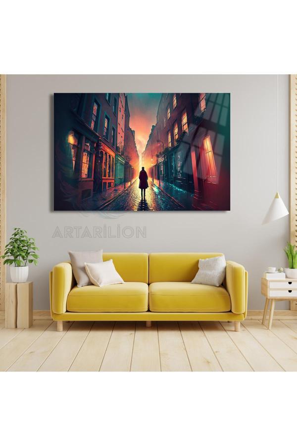 Soyut Sokak ve Yürüyen Adam Kırılmaz Cam Tablo Tasarım Tablo Modeli Salon Tablosu - Image 1