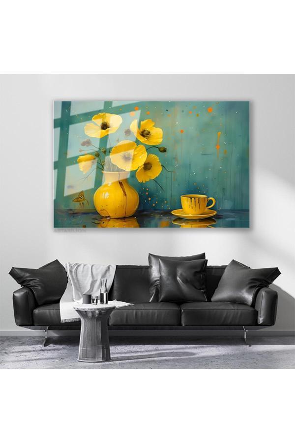 Cam Yatay Duvar Tablosu Cam Sari Cicekve Fincan Ev Ofis Salon Modern Duvar Tablosu - Image 1
