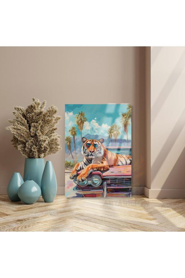 Kırılmaz Cam Kaplan Tablosu Arabanın Üzerine Yatan Gözlüklü Tarz Aslan Kırılmaz Cam Tablo - Image 1