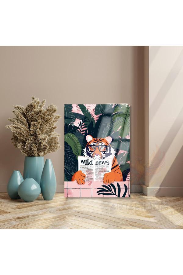 Kırılmaz Cam Tablo Gazete Okuyan Gözlüklü Kaplan Kırılmaz Cam Tablo Yeni Ev Hediyesi - Image 1