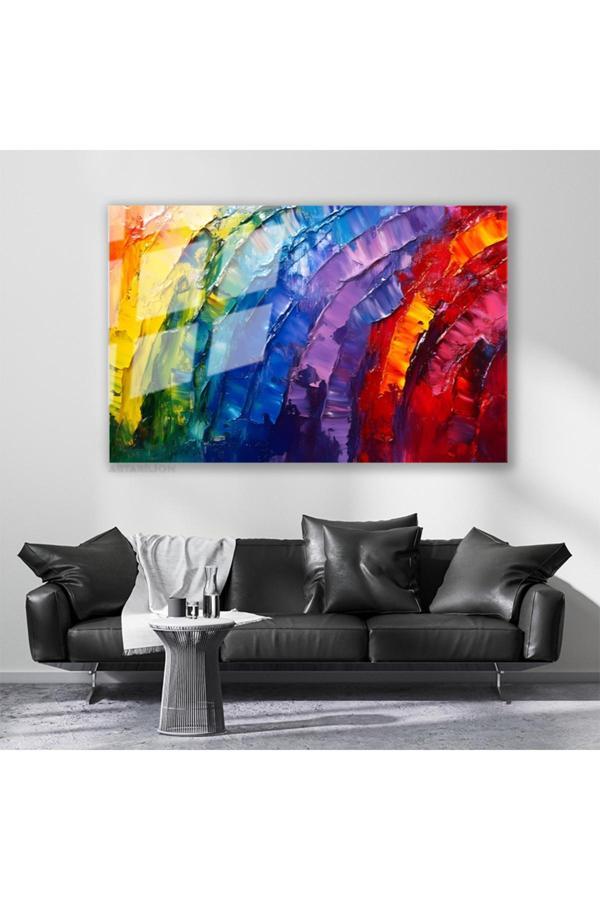 Cam Yatay Duvar Tablosu Cam Renkli Firca Darbeleri6 Ev Ofis Salon Modern Duvar Tablosu - Image 1