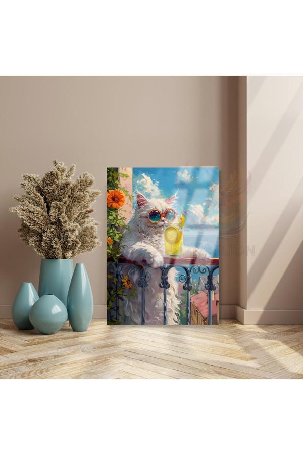 Kırılmaz Cam Tablo Limonata İçen Kedi Görseli Dijital Baskı Tablo Yeni Ev Hediyesi - Image 1